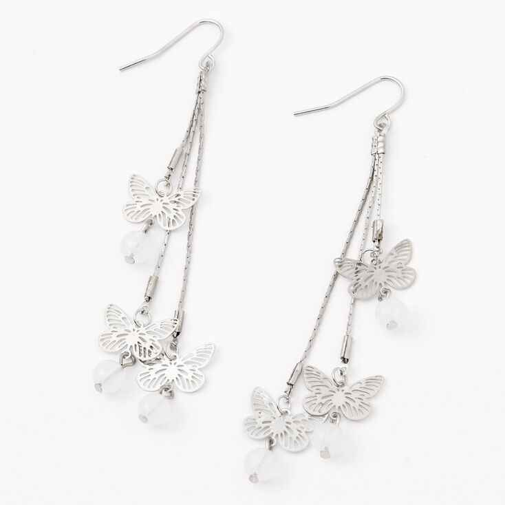 Silver 3&quot; Butterfly Beaded Drop Earrings,