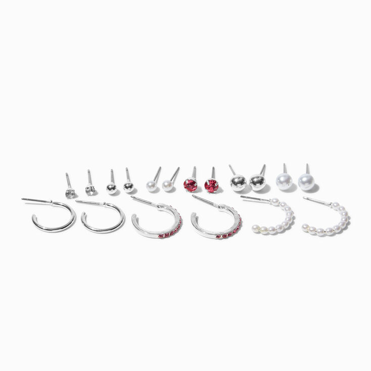 Lot de boucles d&#39;oreilles empilables clous de strass et anneau rose et perle d&#39;imitation - Lot de 9,