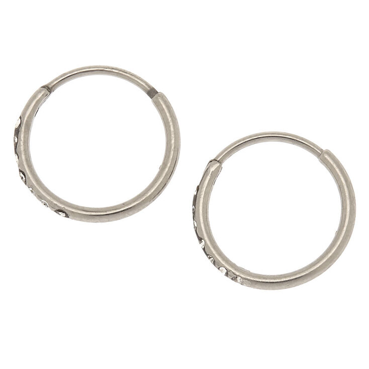 Silver Titanium 10MM Sleek Crystal Hoop Earrings,