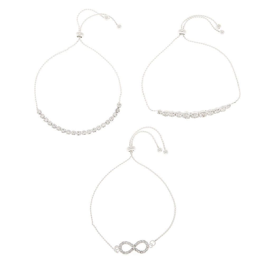 Silver Rhinestone Infinity Adjustable Bracelets - 3 Pack,