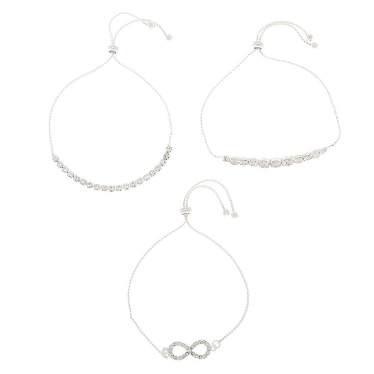 Silver Rhinestone Infinity Adjustable Bracelets - 3 Pack,