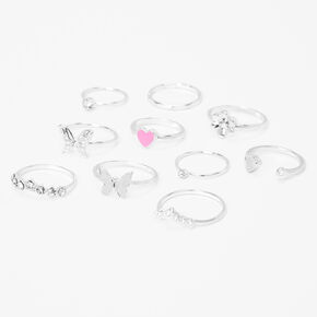 Silver &amp; Pink Mixed Butterfly Heart Rings - 10 Pack,