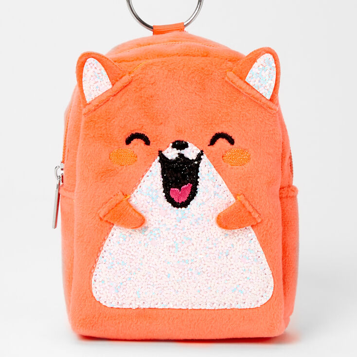 Porte-cl&eacute;s mini sac &agrave; dos hamster orange en fausse fourrure,