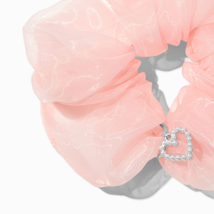 Light Pink Organza Heart Charm Hair Scrunchie,