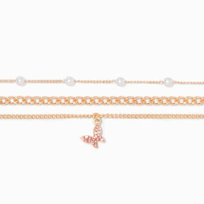 Gold-tone Pink Butterfly &amp; Pearl Bracelet Set - 3 Pack ,