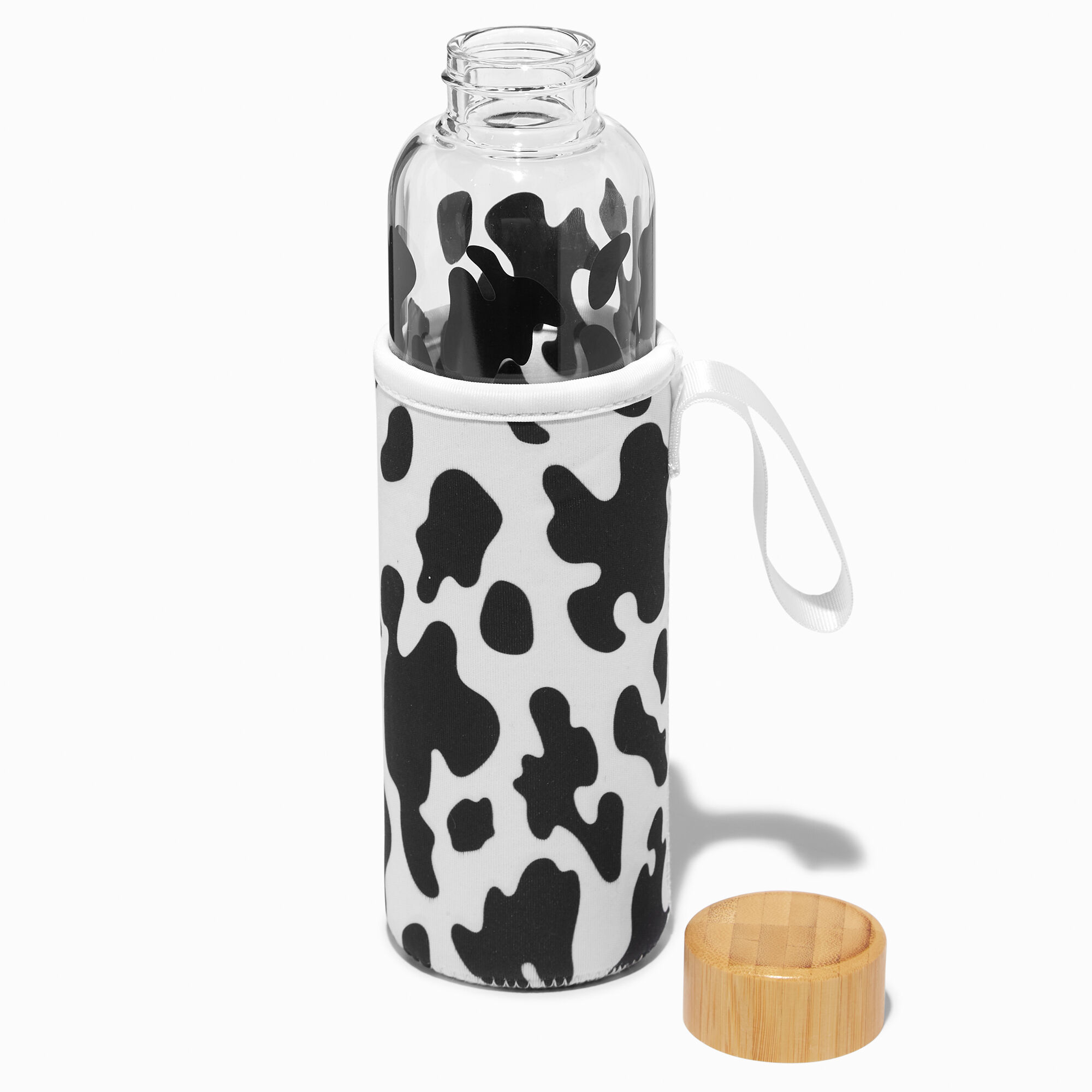 Black & White Cow Print Glass Water Bottle with Sleeve,