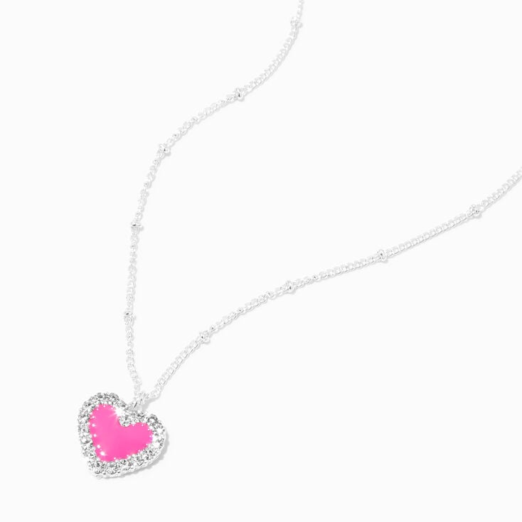 Pink Heart Crystal Halo Silver Pendant Necklace,