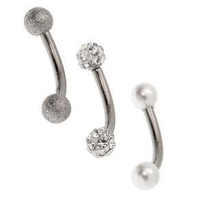 16G Silver-tone Titanium Bar Fireball Pearl Rook Earrings - 3 Pack,