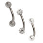 Silver Titanium 16G Bar Fireball Pearl Rook Earrings - 3 Pack,