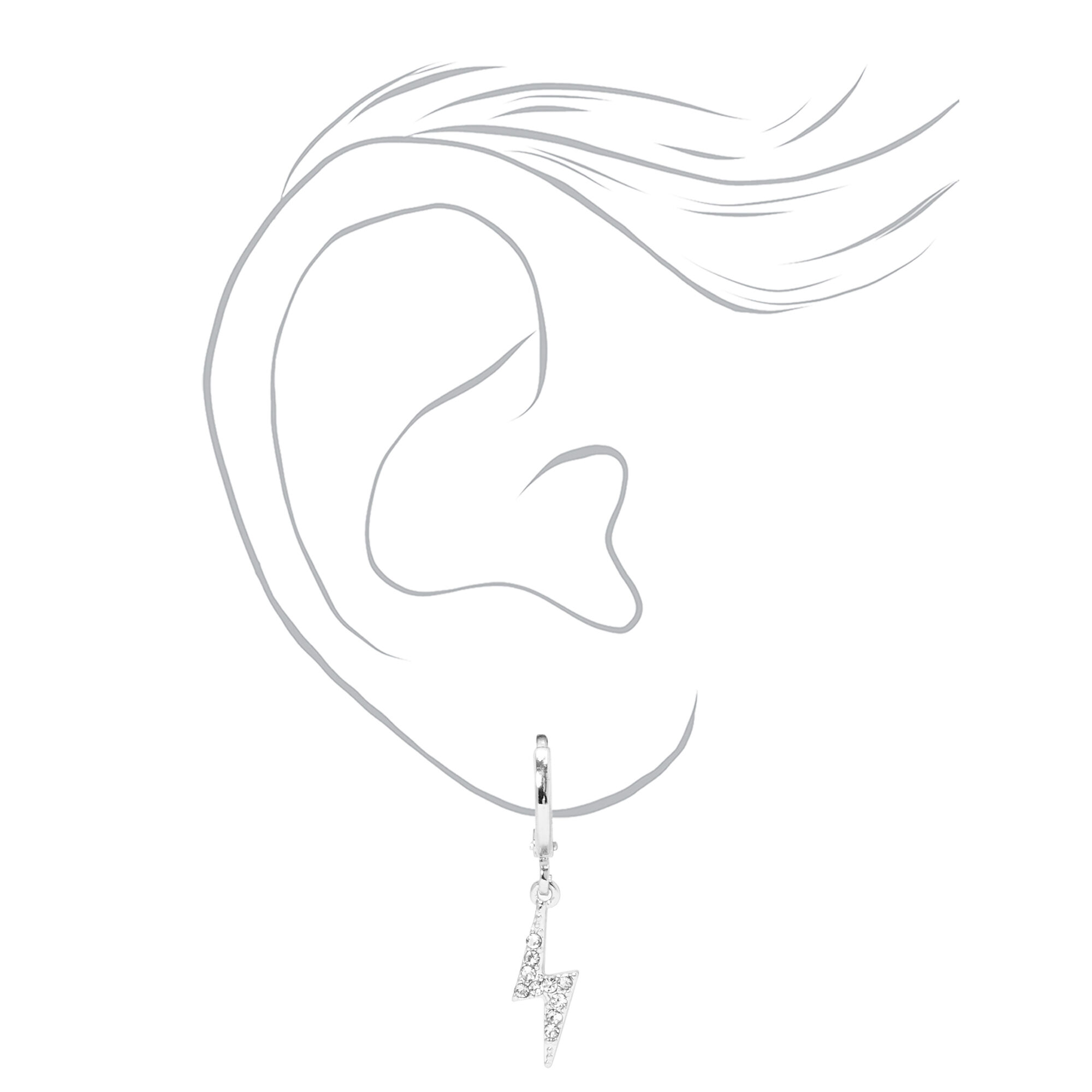 Silver 10MM Embellished Lightning Bolt Huggie Hoop Earrings,
