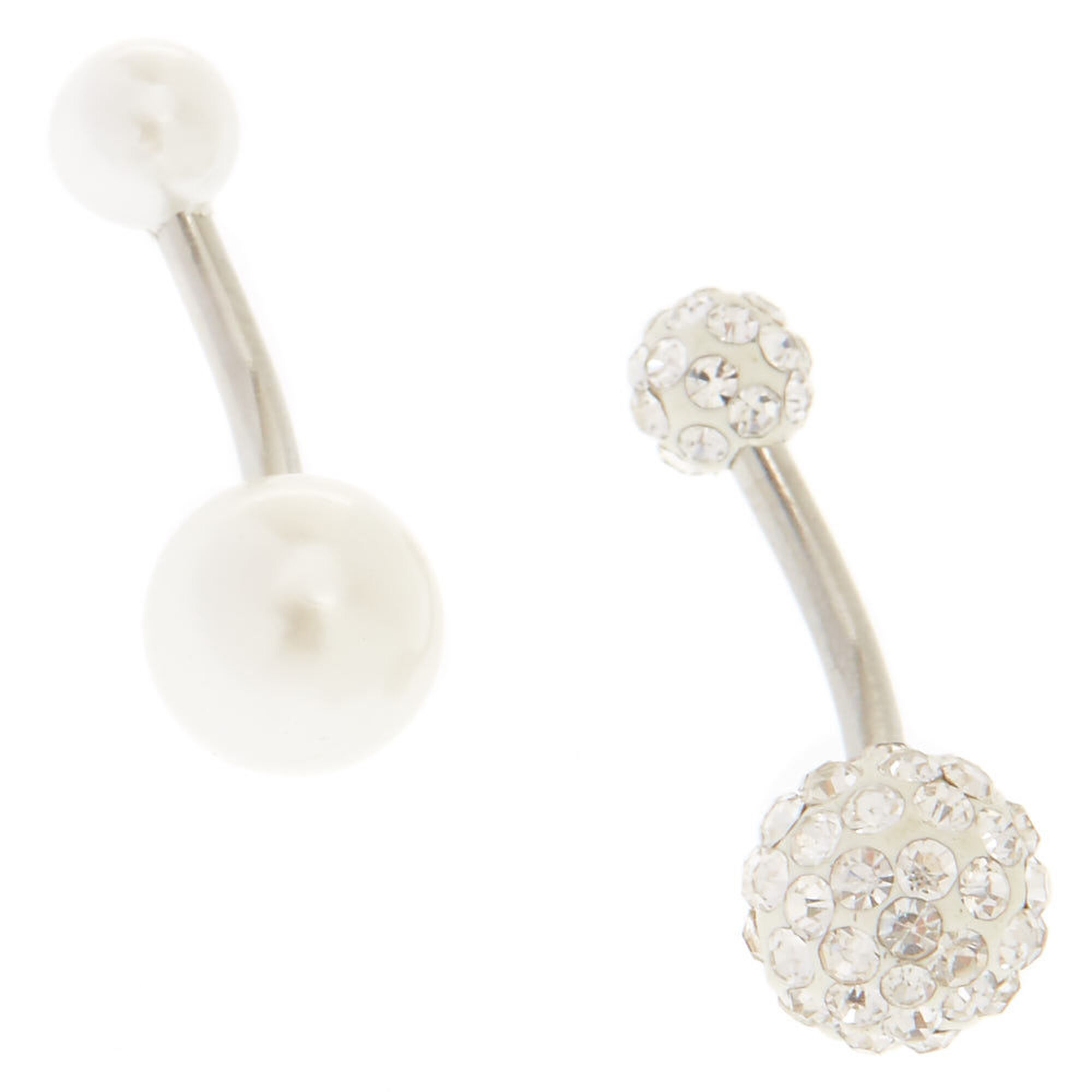 View Claires Tone Pearl Fireball Crystal Belly Rings 2 Pack Silver information