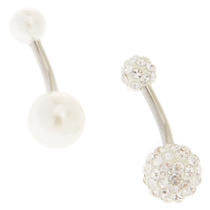 Silver-tone Pearl Fireball Crystal Belly Rings - 2 Pack,