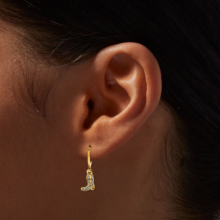18K Gold Plated 8MM Glitter Cowgirl Boots Huggie Hoop Earrings,