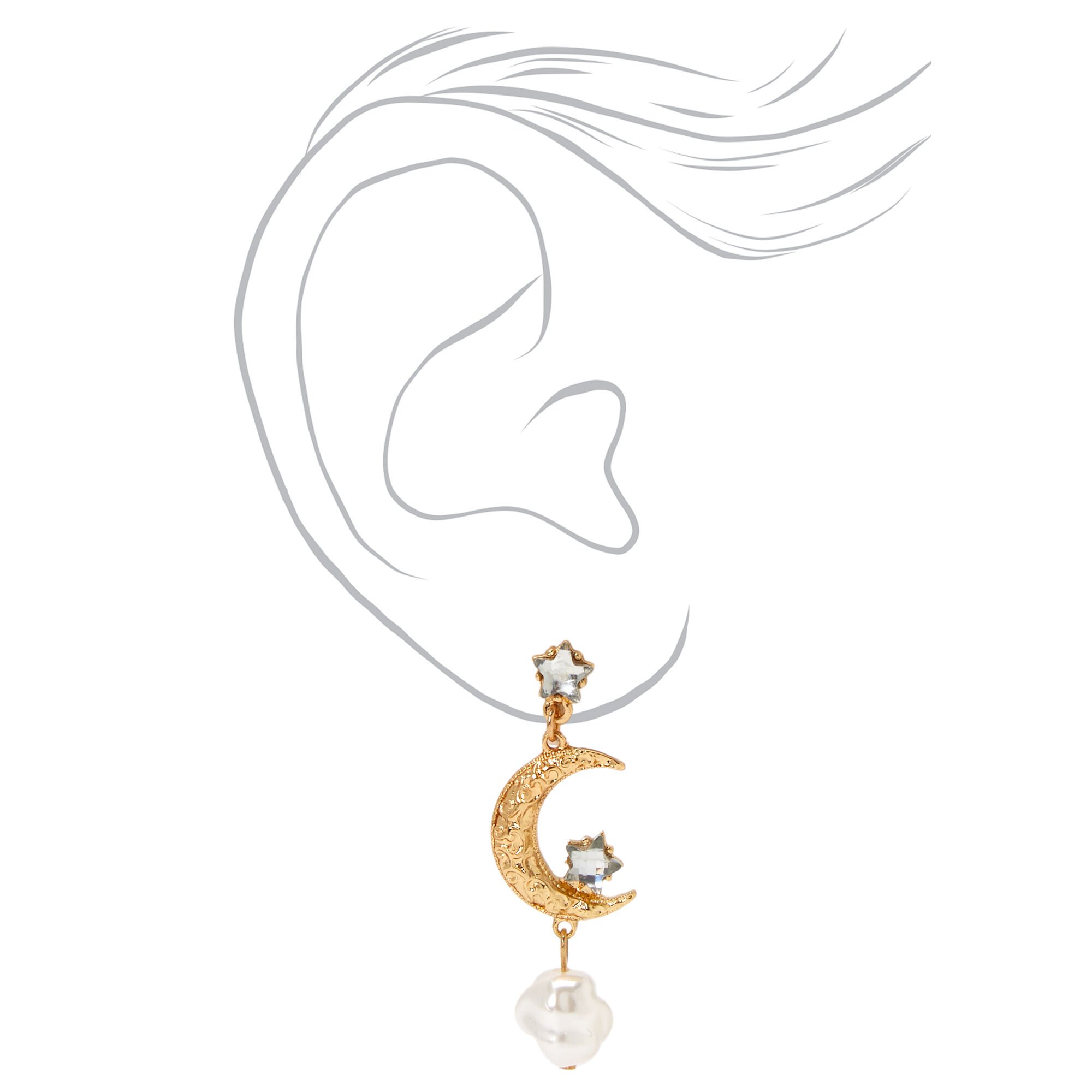 Gold Crescent Moon Star Drop Earrings,