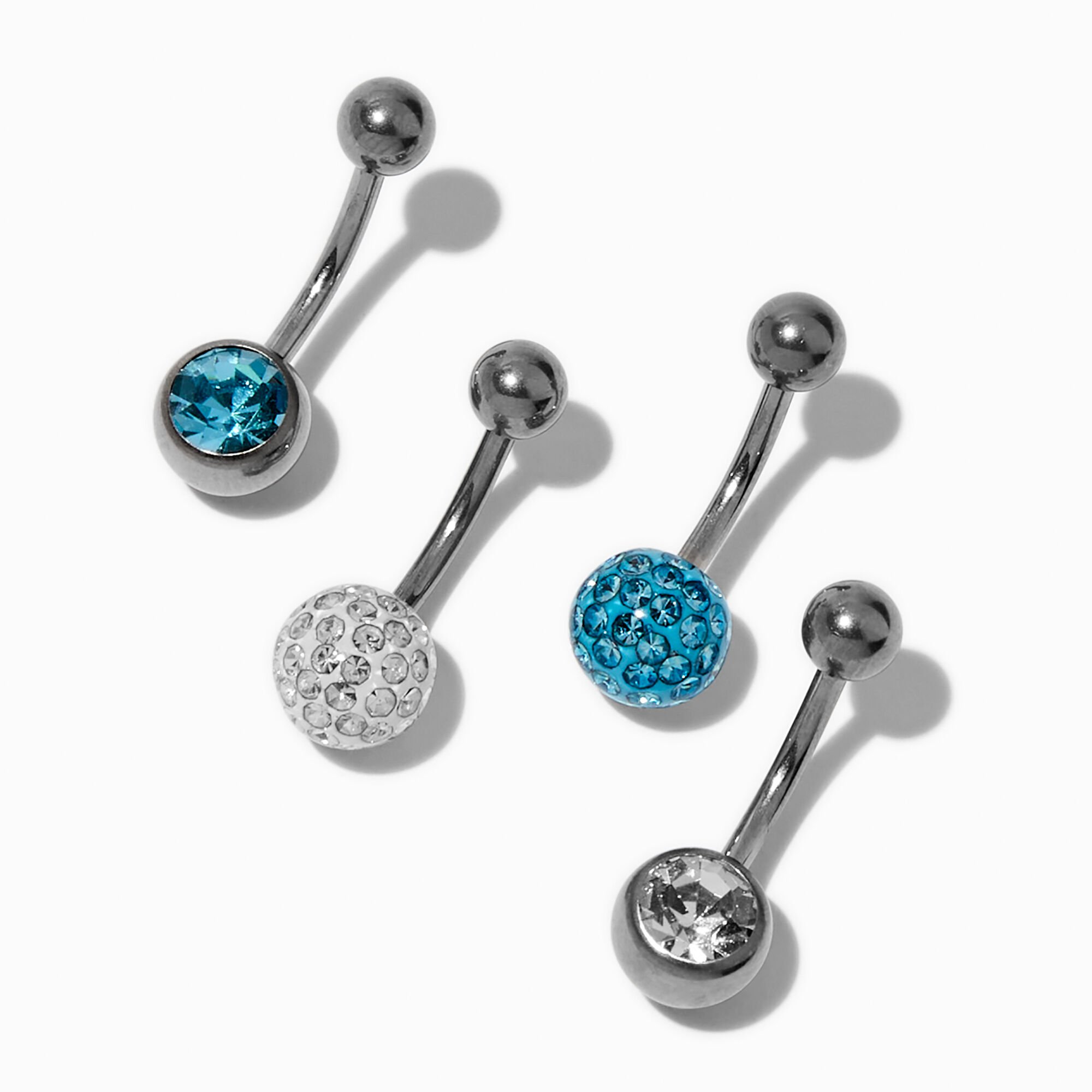 View Claires Tone Aqua Fireball 14G Belly Bars 4 Pack Silver information