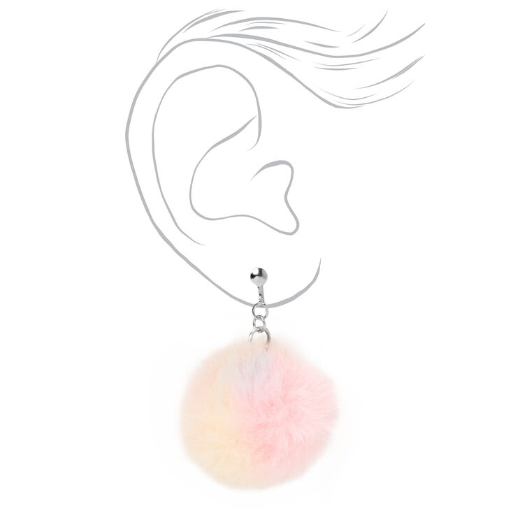 Silver-tone 1.5&quot; Pom Pom Clip On Drop Earrings - Rainbow,