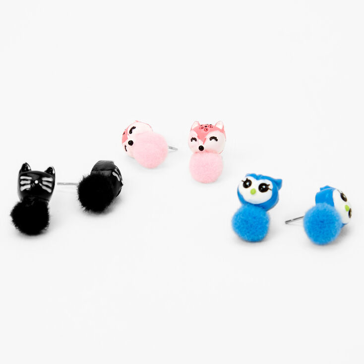 Animals Pom Pom Stud Earrings - 3 Pack,