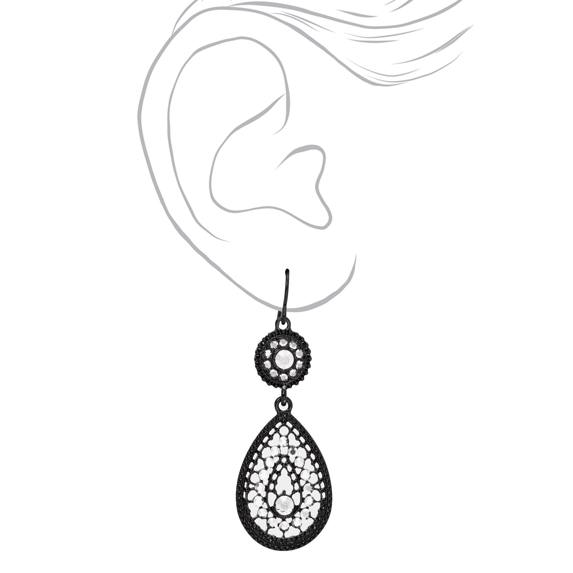 Black 2" Embellished Teardrop Drop Earrings,