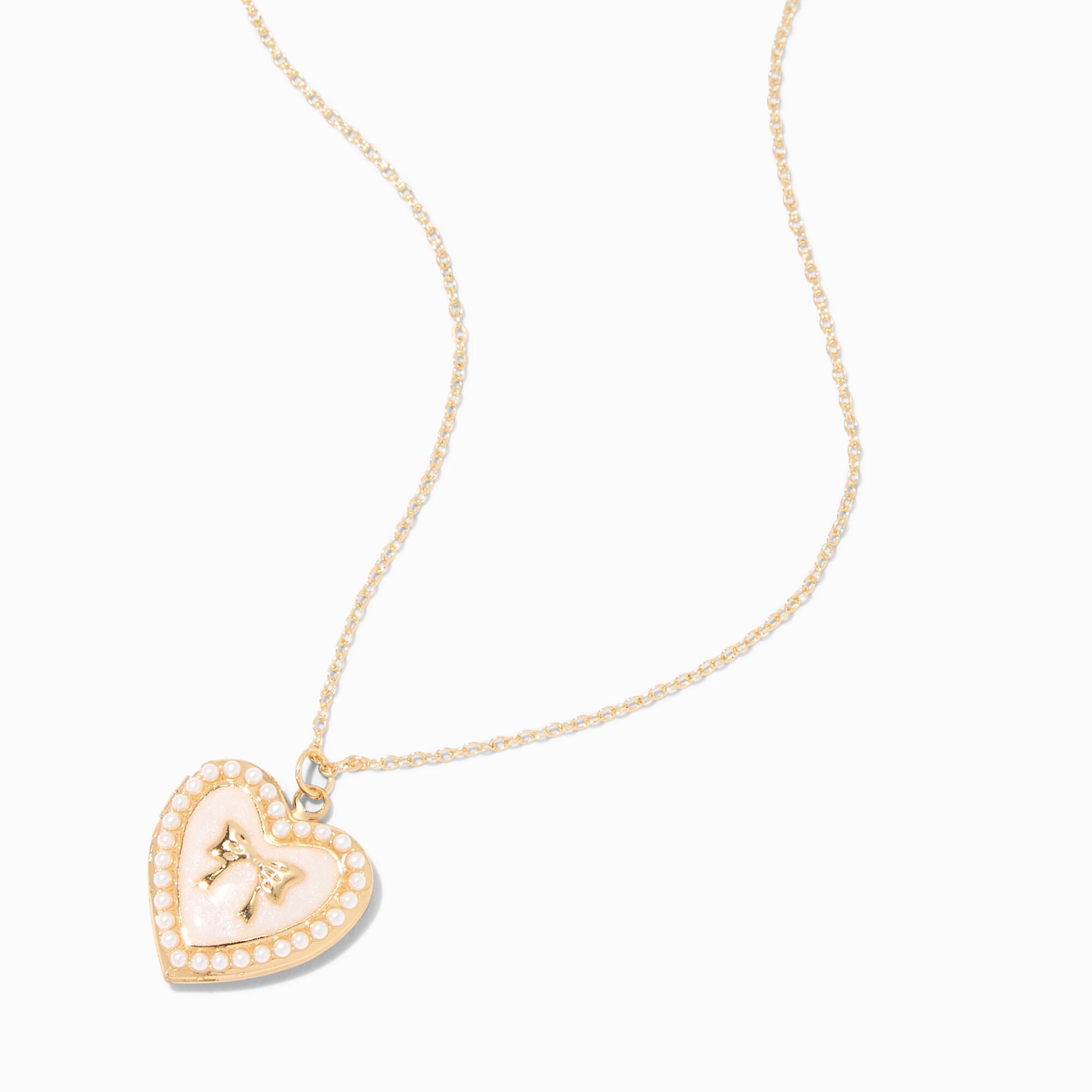 View Claires Tone Pearl Bow Locket Necklace Gold information