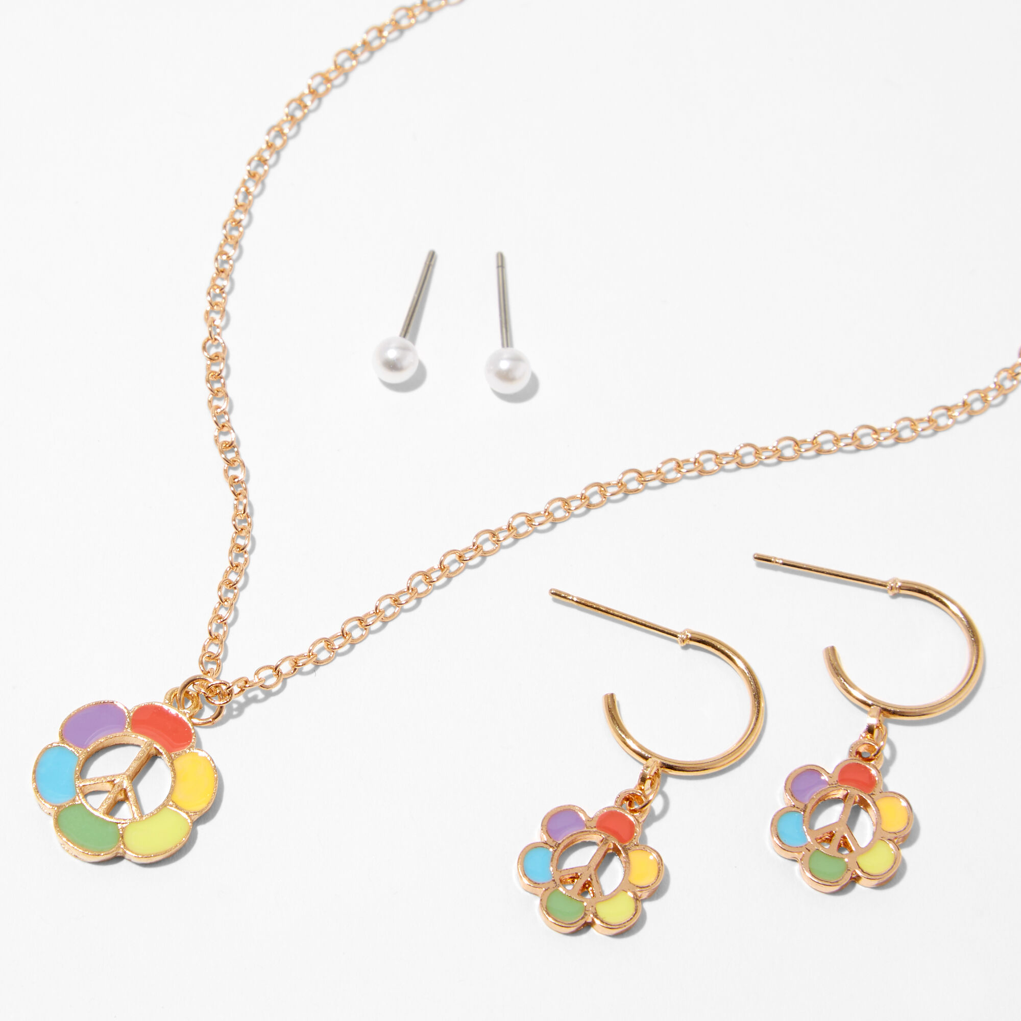 Claire's Parure de bijoux signe de la paix marguerite arc-en-ciel couleur dorée (lot de 3)