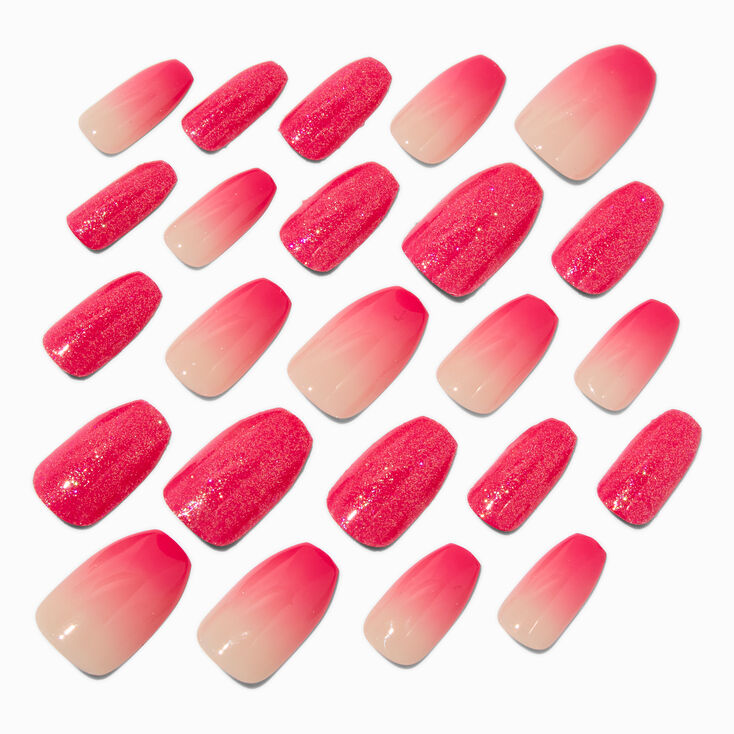 False Lashes &amp; Pink Ombr&eacute; Coffin Vegan Faux Nail Gift Set - 24 Pack,