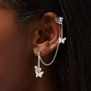 Silver Butterfly Cuff Connector Drop Earrings,