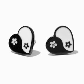 Yin Yang Heart Silver-tone Stud Earrings,