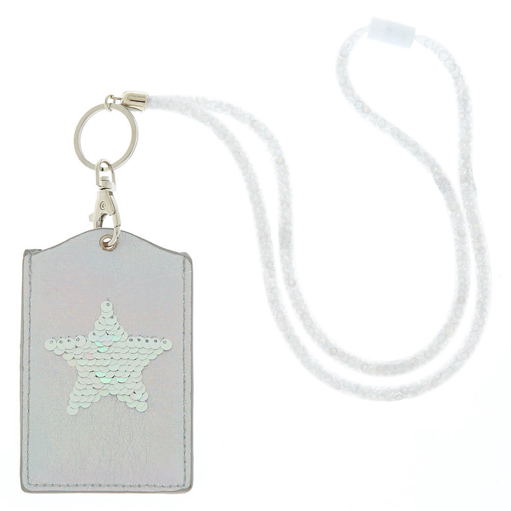 Holographic Reversible Sequin Star Mesh Lanyard & ID Holder - White,