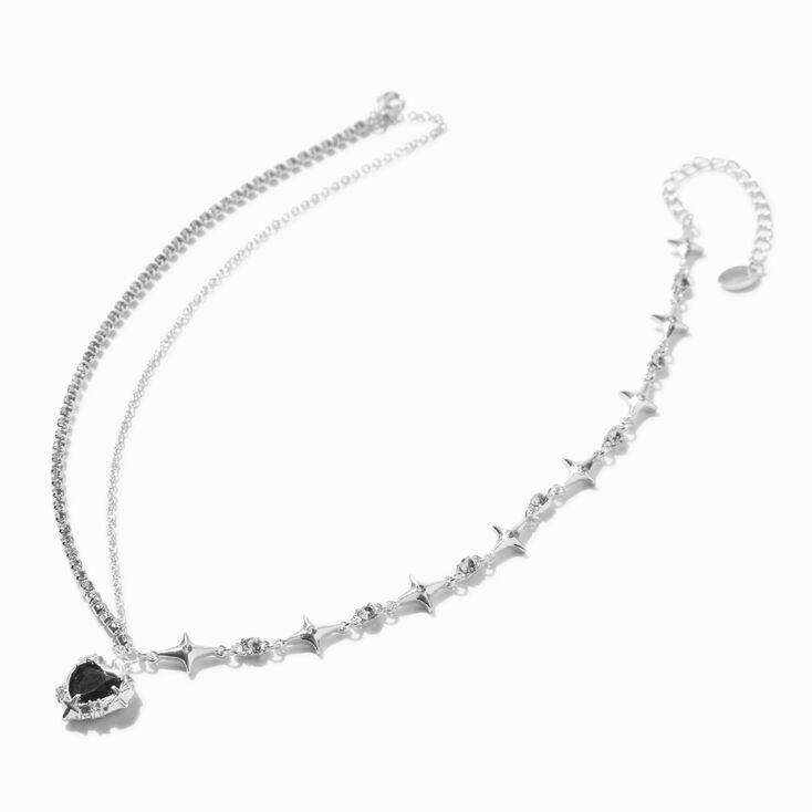 Silver-tone Molten Black Heart Multi-Strand Pendant Necklace,