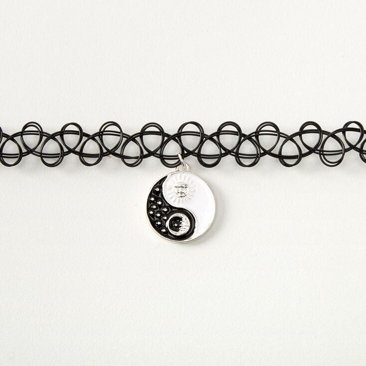 Sun &amp; Moon Yin Yang Tattoo Choker Necklace - Black,