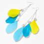 Silver 6&quot; Blue &amp; Yellow Feather Chain Drop Earrings,