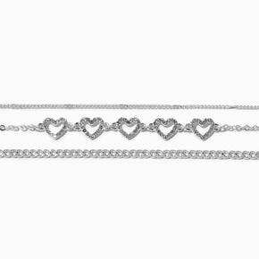 Silver-tone Crystal Heart Bracelet Set - 3 Pack ,