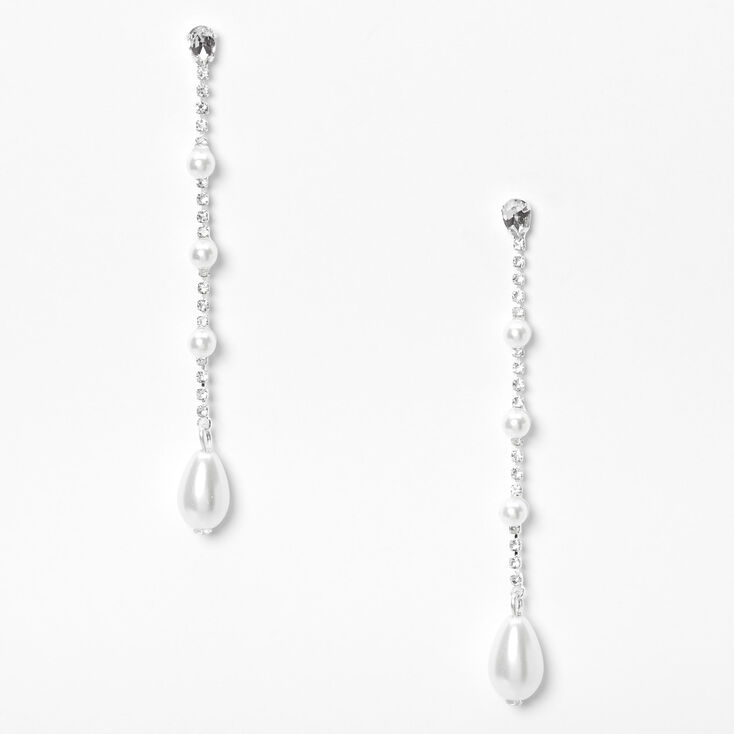Silver 3&quot; Rhinestone Pearl Linear Drop Earrings,