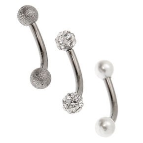 Silver Titanium 16G Fireball Pearl Rook Earrings - 3 Pack,