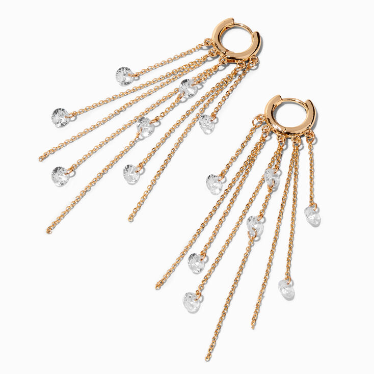 Gold-tone Cubic Zirconia Fringe 3&quot; Huggie Hoop Earrings,