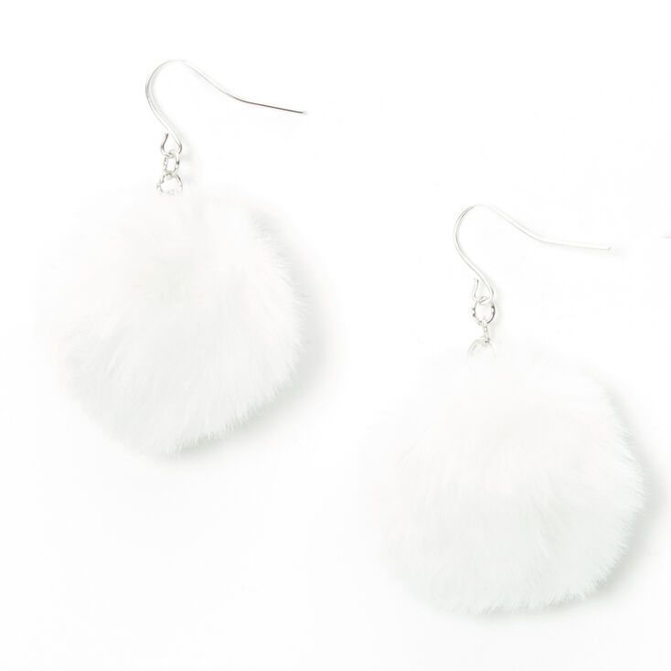 Silver 2&quot; Pom Pom Drop Earrings - White,