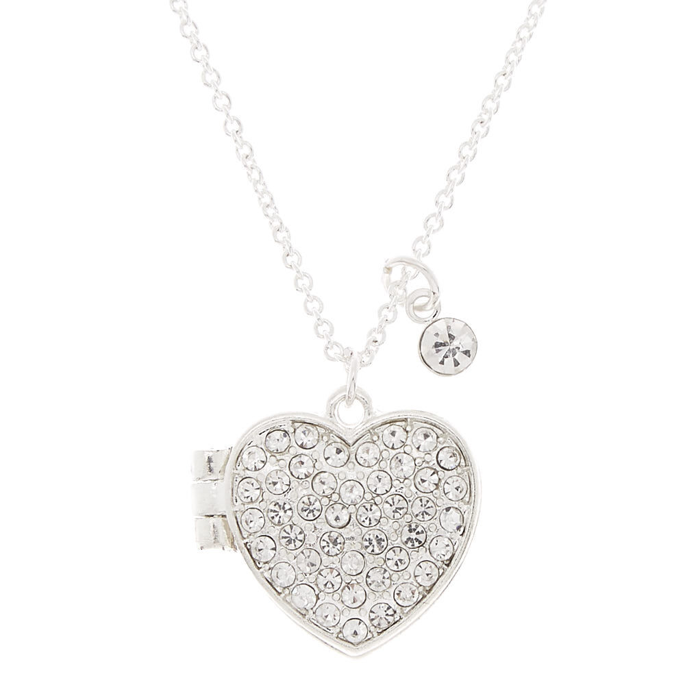Silver Rhinestone Heart Locket Pendant Necklace,