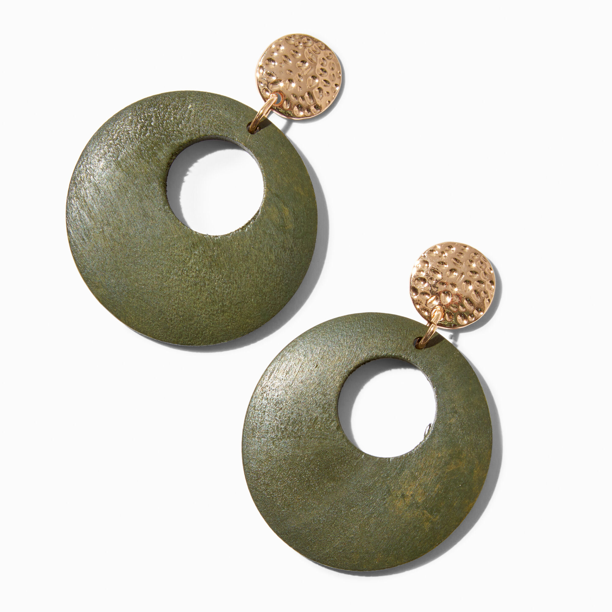View Claires Wooden Disc 3 Drop Earrings Green information