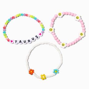 Zodiac Daisy Happy Face Beaded Stretch Bracelets - 3 Pack, Taurus,