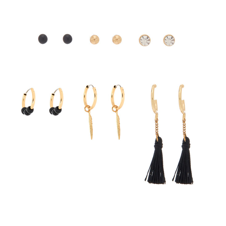 Gold Tassel Leaf Mixed Earrings - Black, 6 Pack,