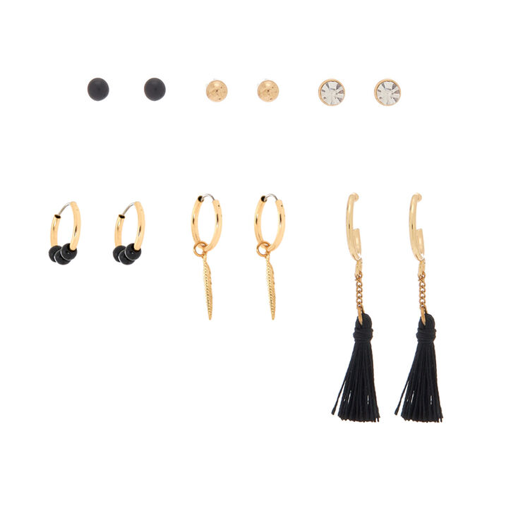 Claire's Lot de 6 paires de boucles d’oreille noires feuille à pompon couleur doré à motifs variés