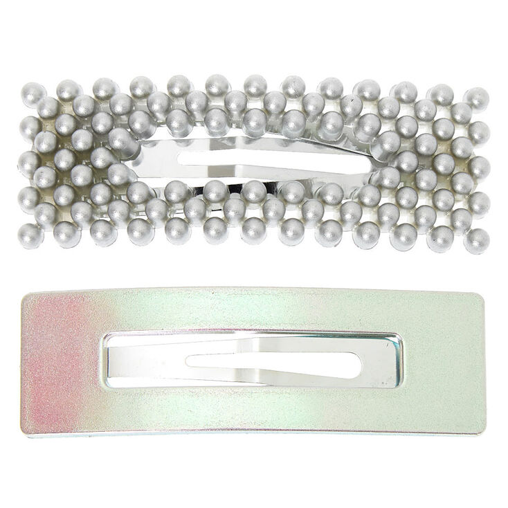 Claire's Barrettes clic clac rectangulaires perles d’imitation holographiques - Couleur argenté, lot de 2