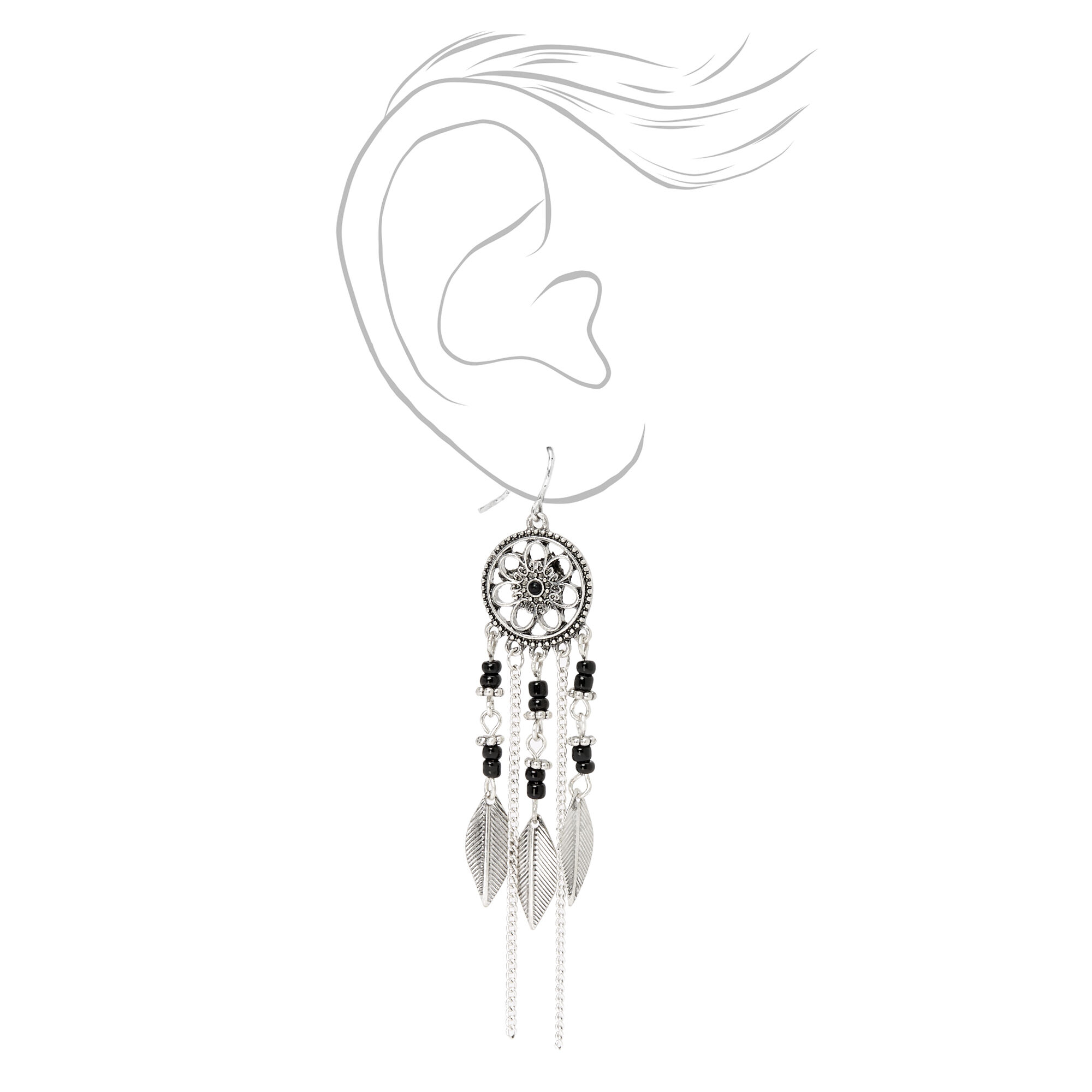 Pendantes attrape-rêves perlées fleurs 8 cm couleur argentée - Noir,