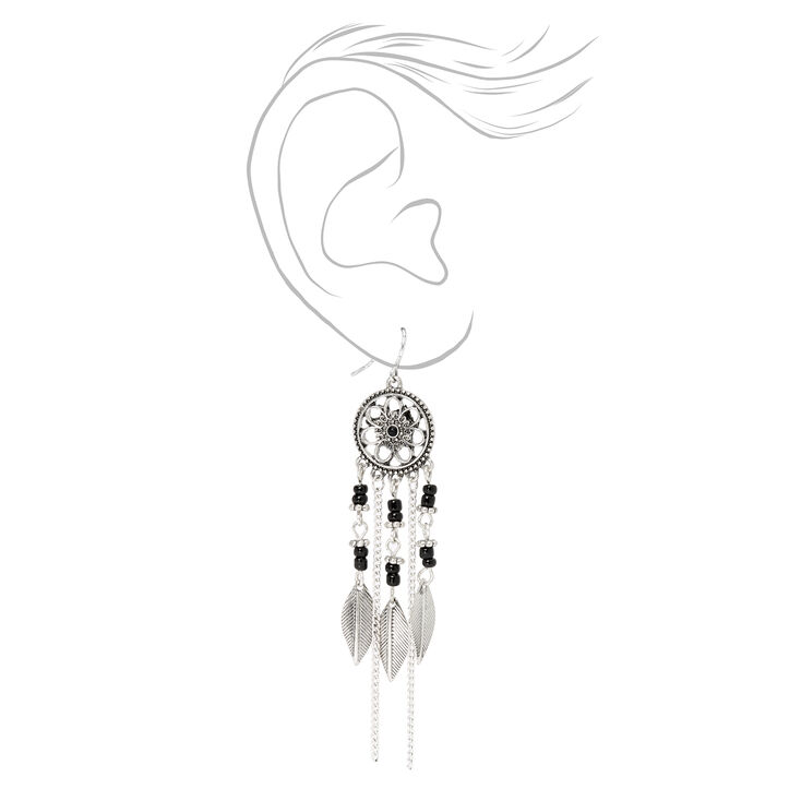 Silver-tone 3&quot; Flower Beaded Dreamcatcher Drop Earrings - Black,