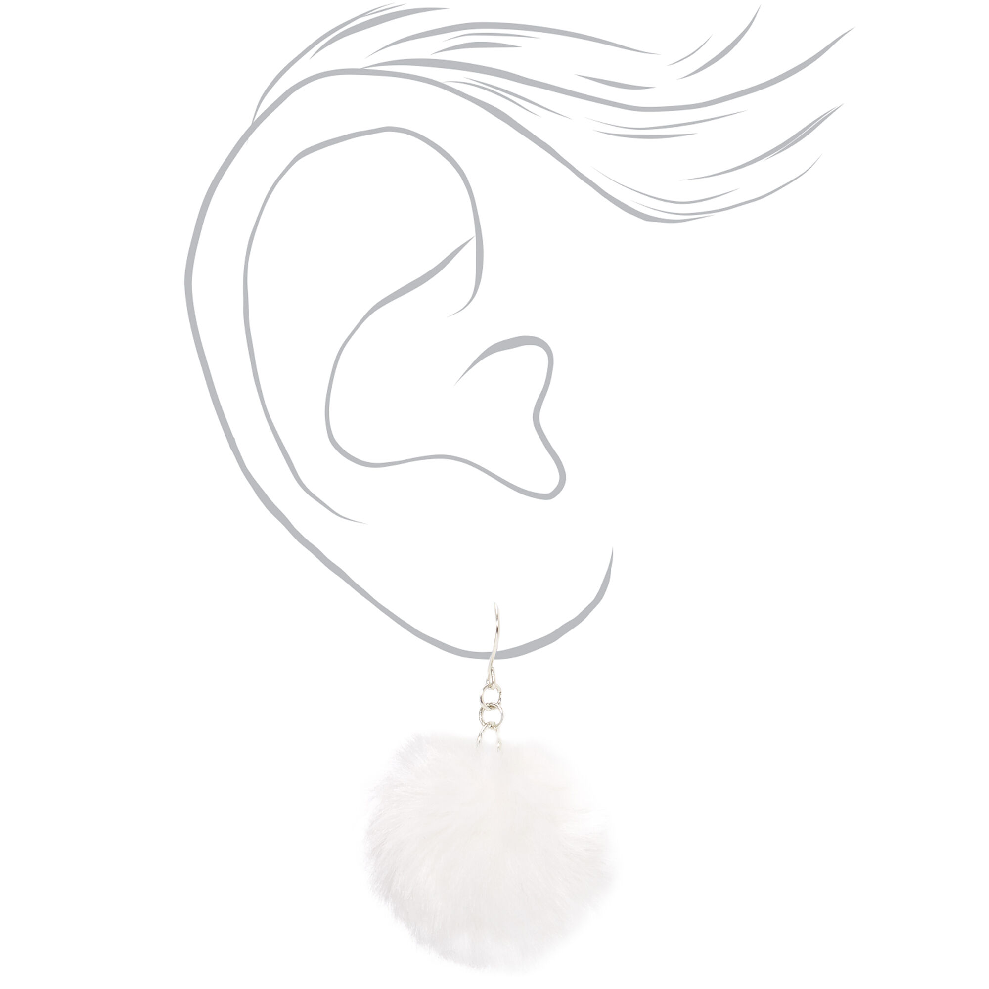 Silver 2" Pom Pom Drop Earrings - White,