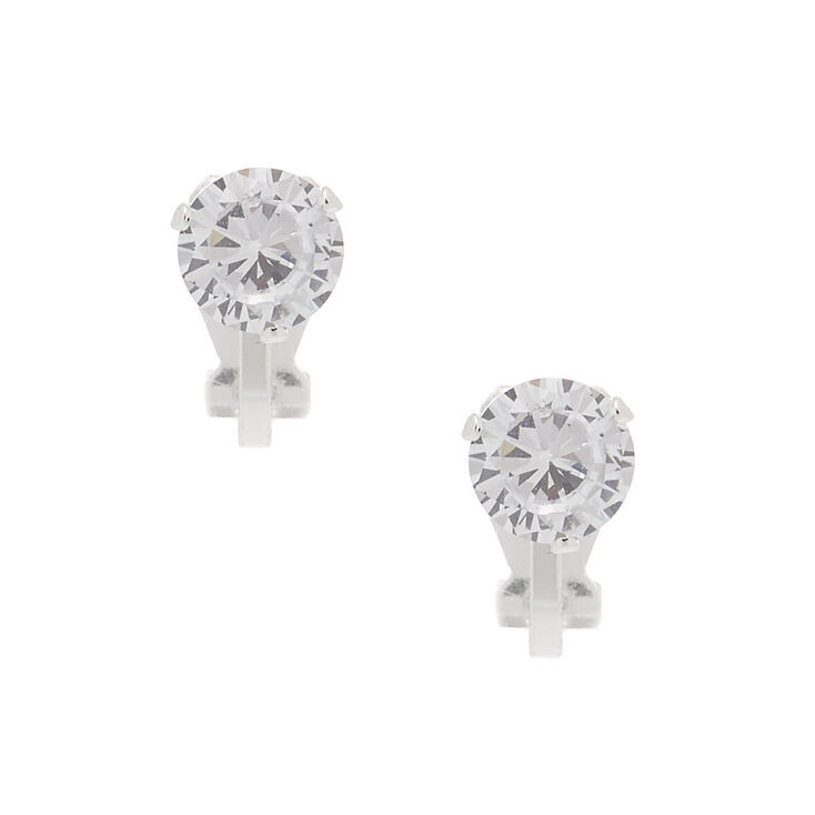 Silver Cubic Zirconia Round Clip On Earrings - 7MM,