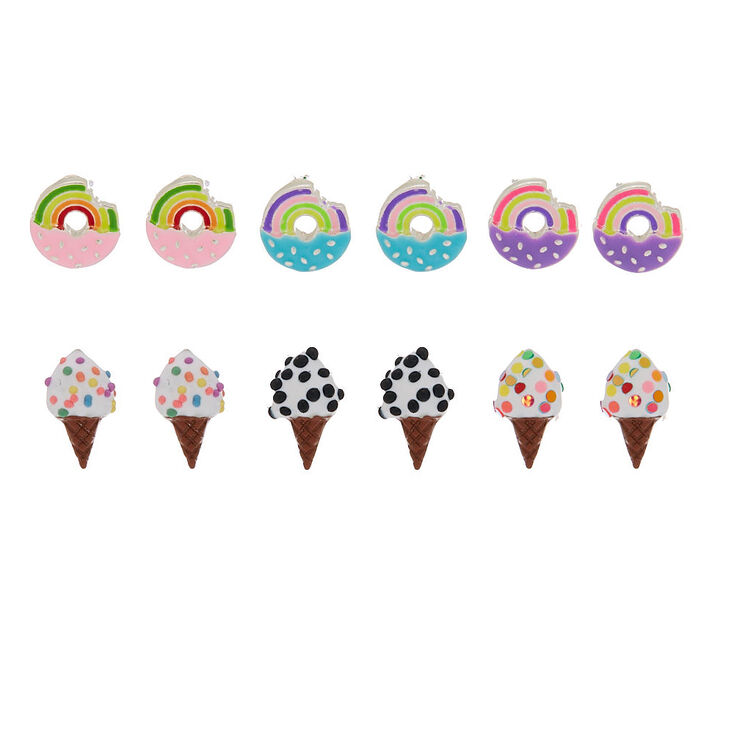 Rainbow Glitter Ice Cream Doughnut Stud Earrings Set - 6 Pack,