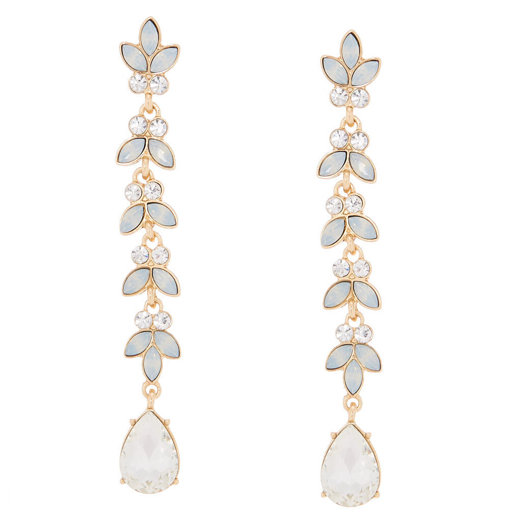 Glass Rhinestone 3" Leaf Drop Earrings - Opal,