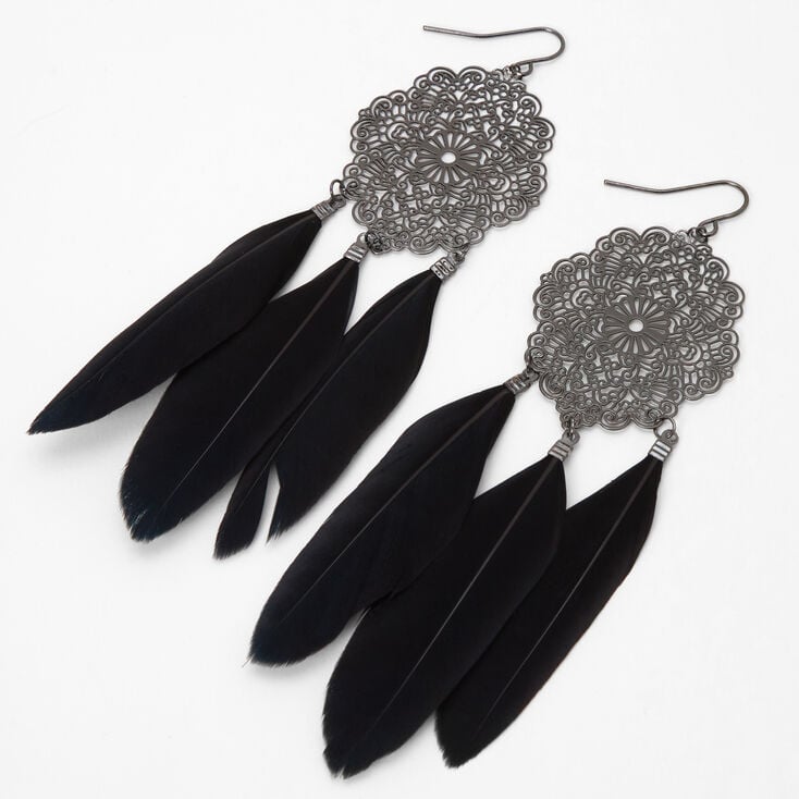 Fancy Filigree Feather Drop Earrings - Black | Claire's US