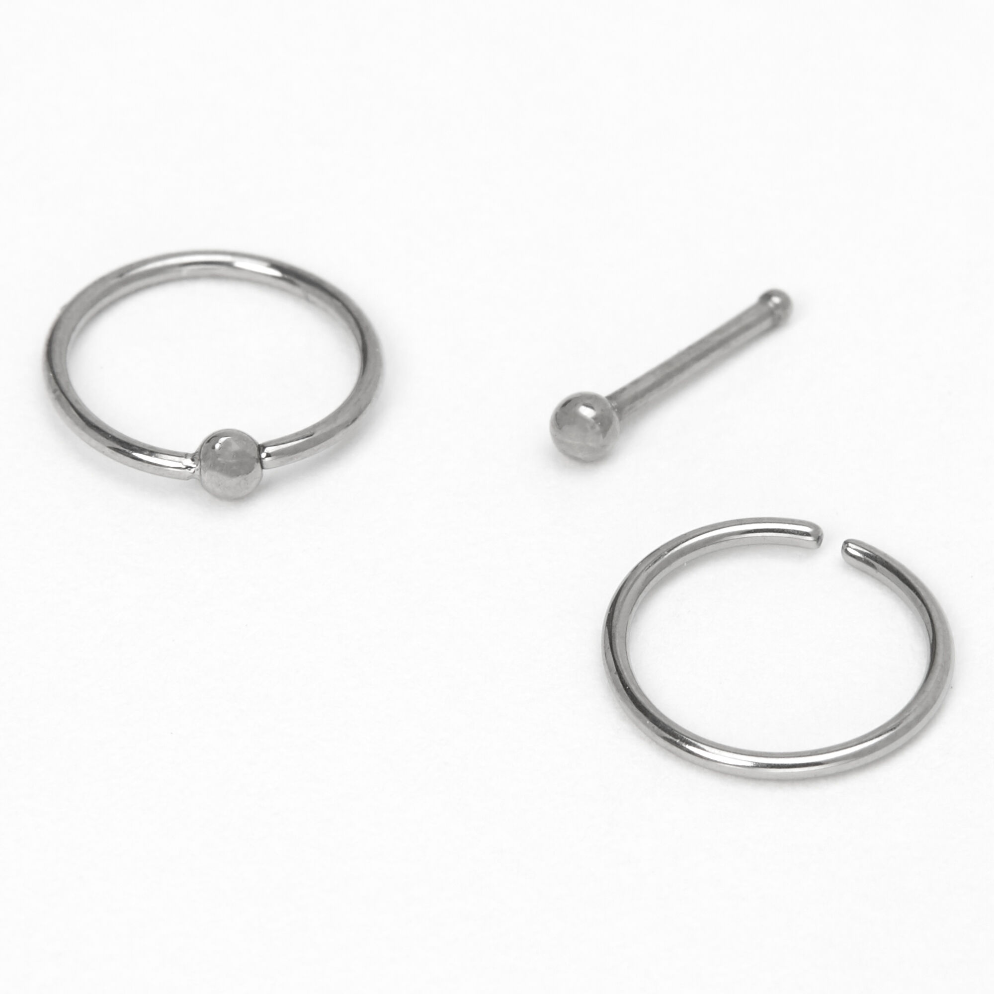 View Claires Tone Titanium 20G Classic Stud Hoop Nose Rings 3 Pack Silver information